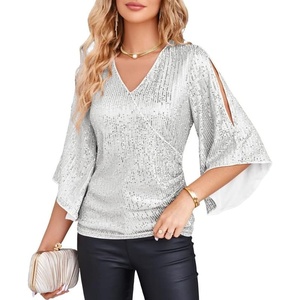 GRACE KARIN Women’s Sequin Top, Sparkly Party Blouse(Silver)