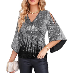 GRACE KARIN Women’s Sequin Top, Sparkly Party Blouse(Silver Black)