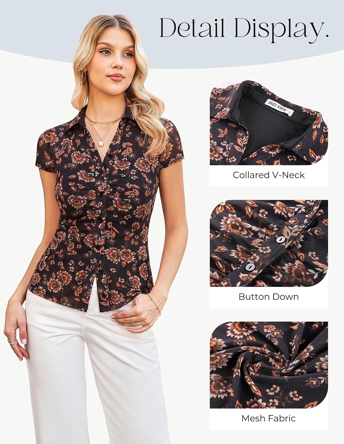 image:imageGRACE KARIN 2026 Women Mesh Boho Tops Dressy Casual Floral Work BlousesBlack Floral