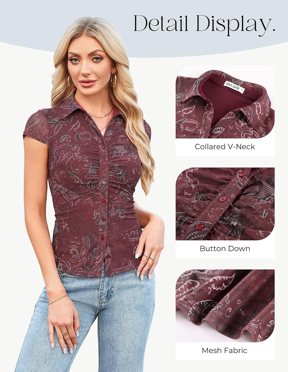 image:imageGRACE KARIN 2026 Women Mesh Boho Tops Dressy Casual Floral Work BlousesBurgundy