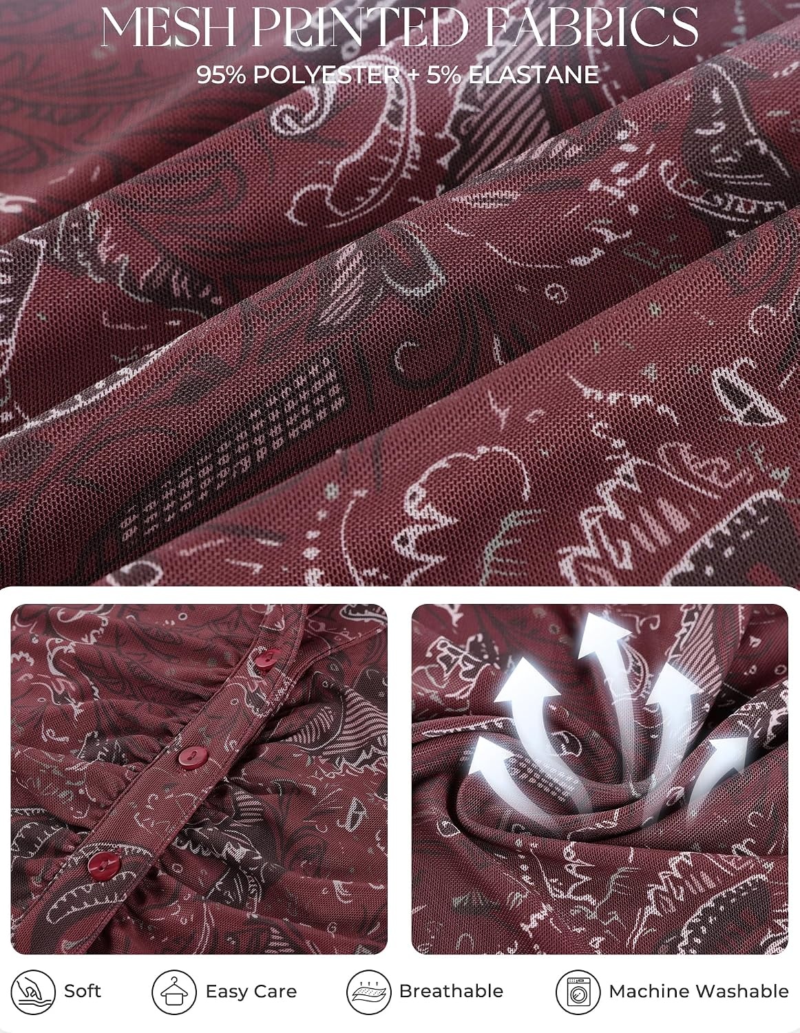image:imageGRACE KARIN 2026 Women Mesh Boho Tops Dressy Casual Floral Work BlousesBurgundy