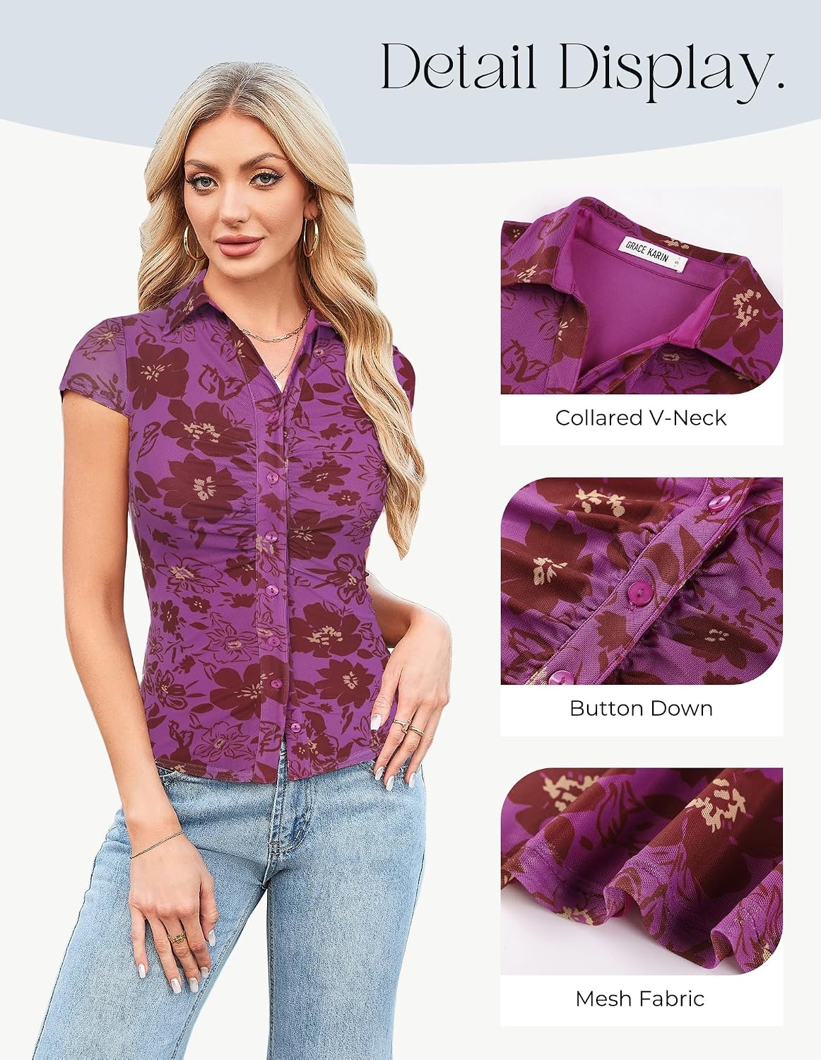 image:imageGRACE KARIN 2026 Women Mesh Boho Tops Dressy Casual Floral Work BlousesPurple Floral