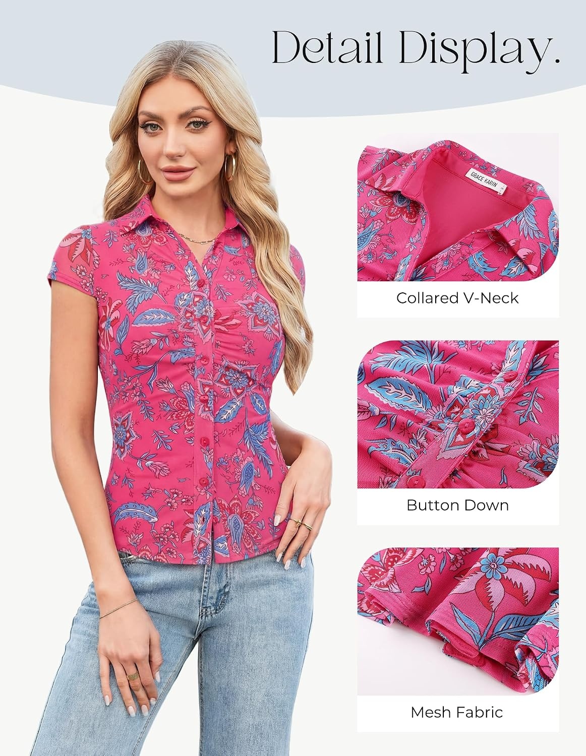 image:imageGRACE KARIN 2026 Women Mesh Boho Tops Dressy Casual Floral Work BlousesRose Red