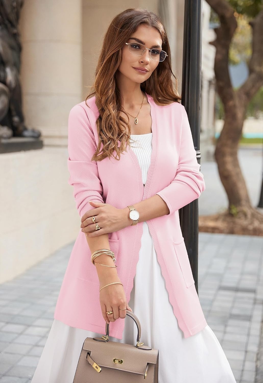 image:imageGRACE KARIN Long Cardigan Sweaters for Women Business Casual Fall OutfitsLight Pink