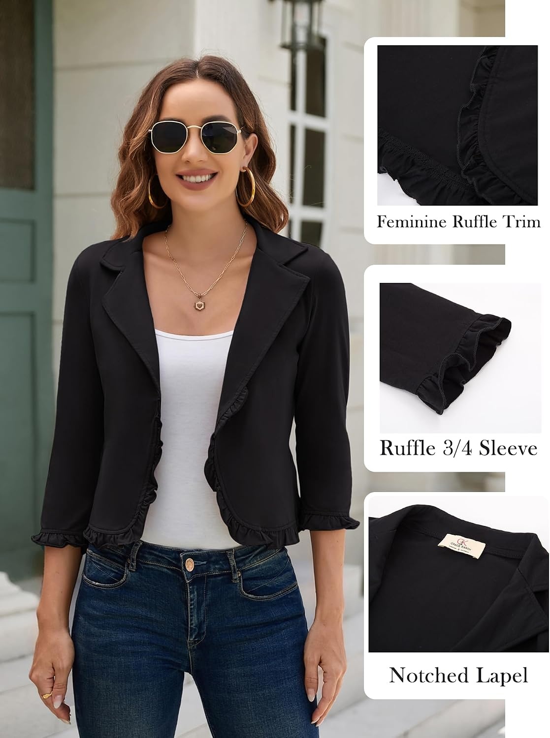 image:imageGRACE KARIN Women 34 Sleeve Cropped Blazer JacketBlack