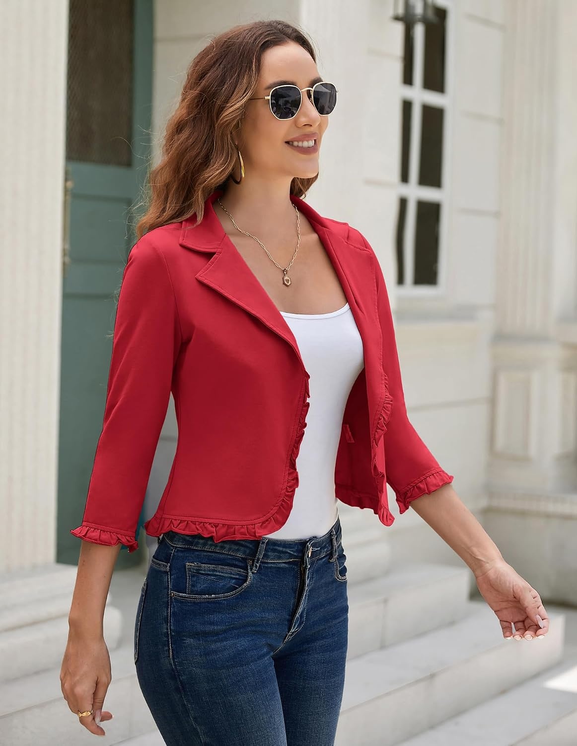 image:imageGRACE KARIN Women 34 Sleeve Cropped Blazer JacketBright Red