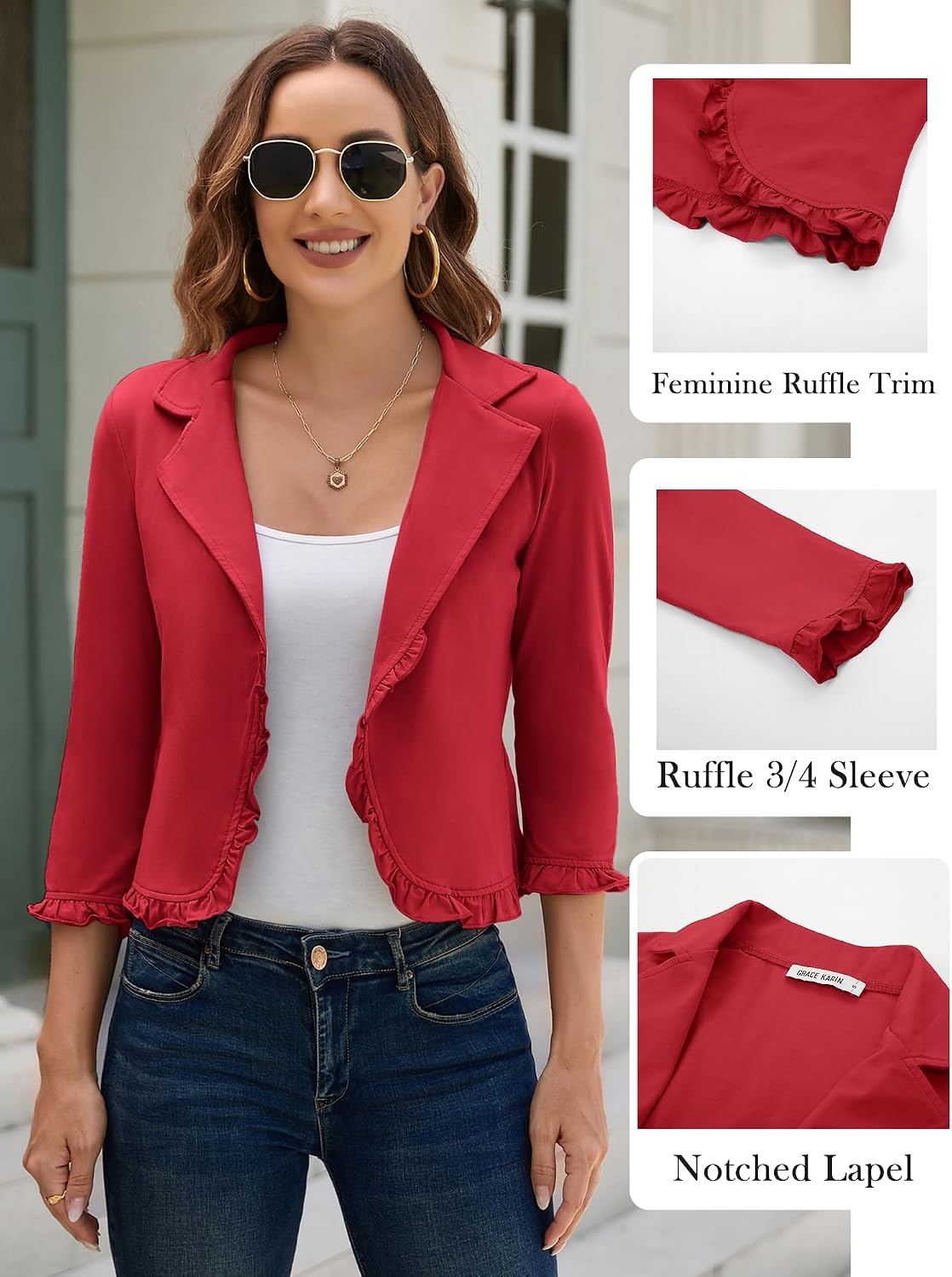 image:imageGRACE KARIN Women 34 Sleeve Cropped Blazer JacketBright Red