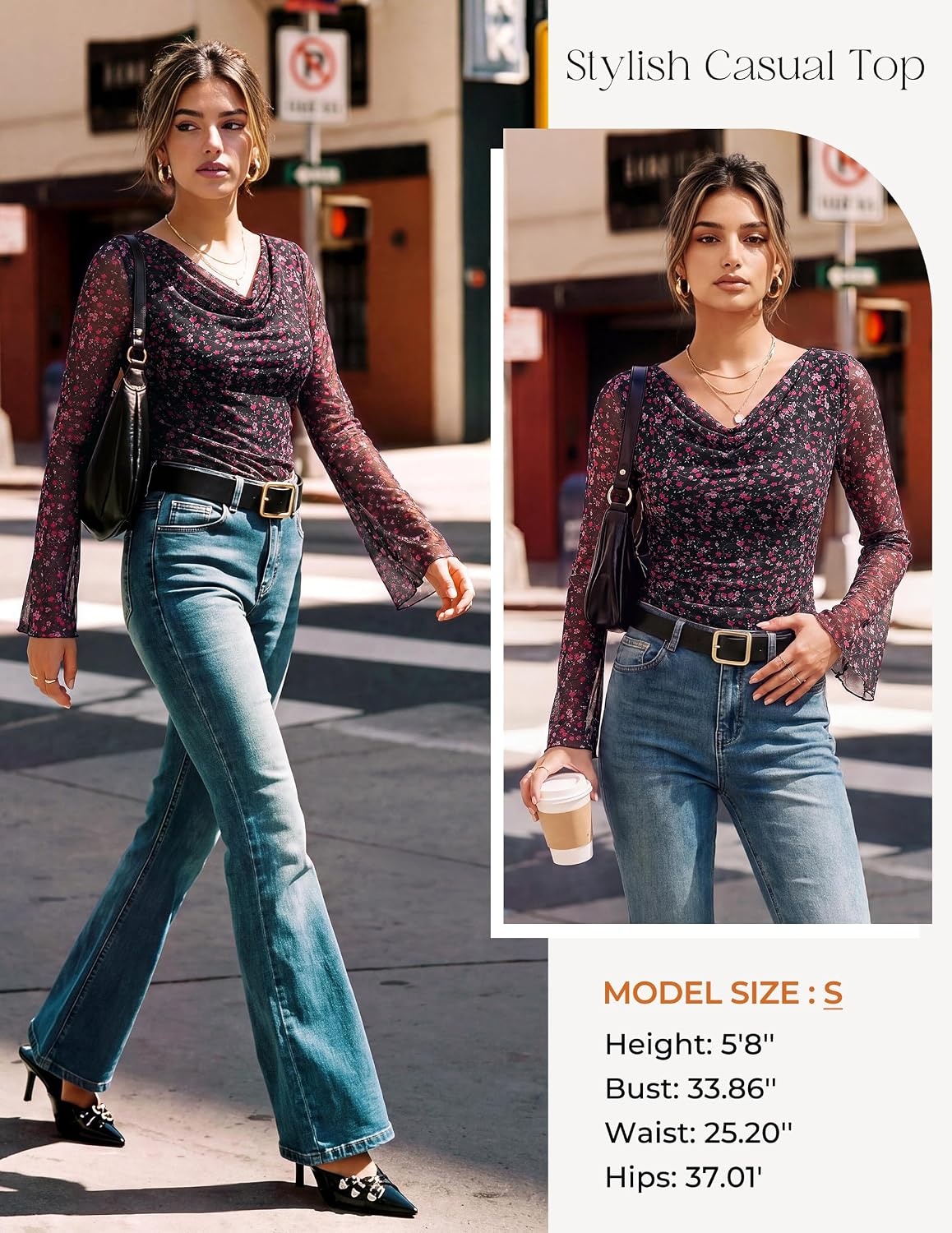 image:imageGRACE KARIN Women Boho Mesh Blouses Dressy Casual Cowl Neck Going Out TopsBlack Floral