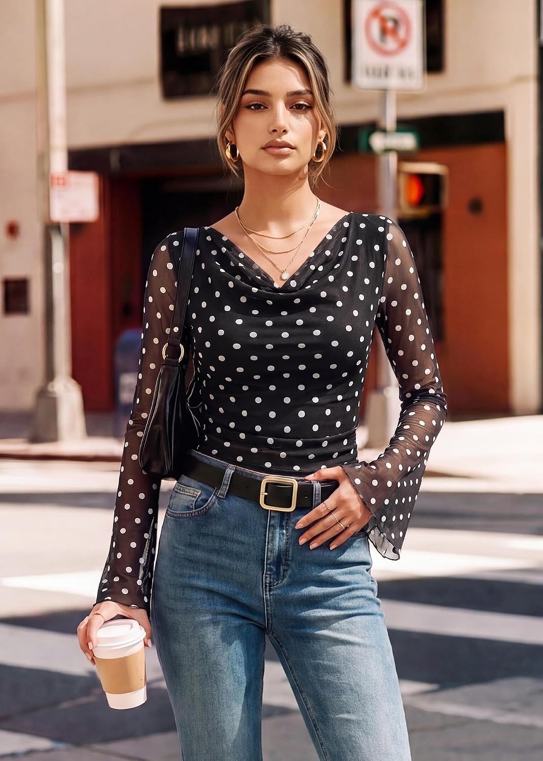 image:imageGRACE KARIN Women Boho Mesh Blouses Dressy Casual Cowl Neck Going Out TopsBlack Polka Dot