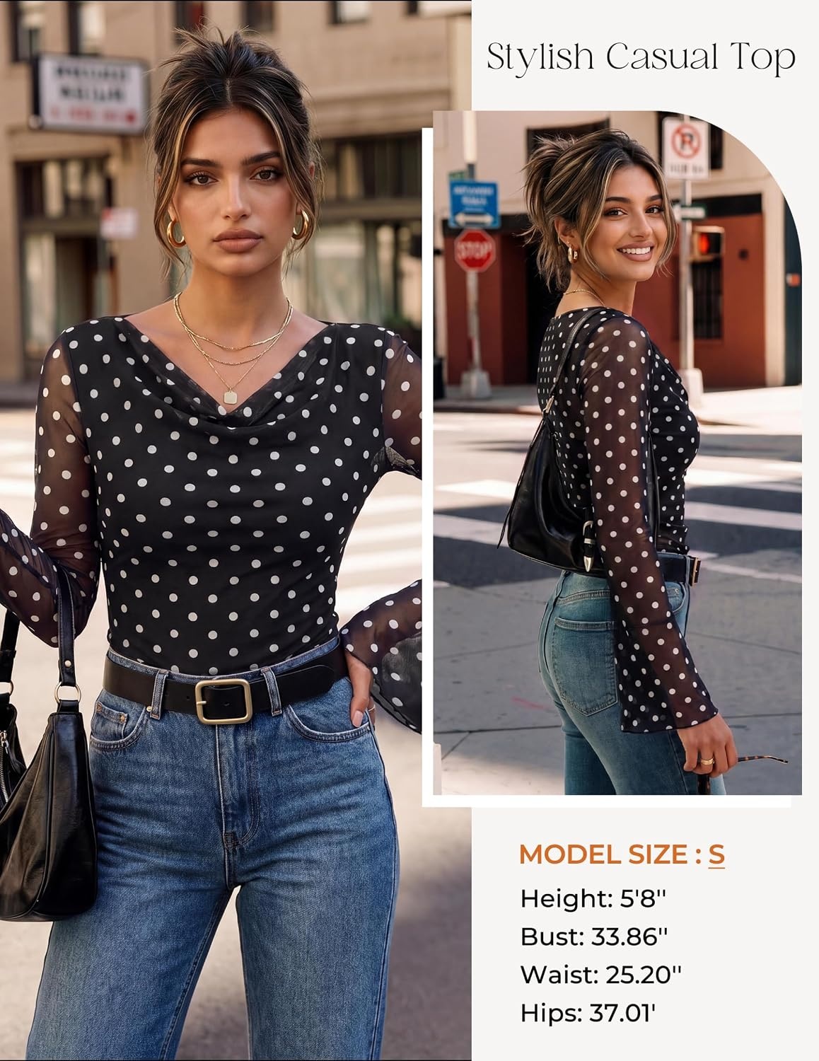 image:imageGRACE KARIN Women Boho Mesh Blouses Dressy Casual Cowl Neck Going Out TopsBlack Polka Dot