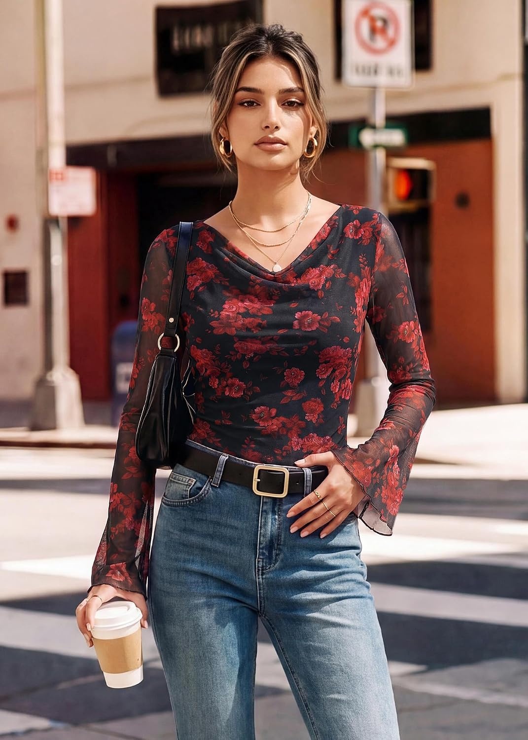 image:imageGRACE KARIN Women Boho Mesh Blouses Dressy Casual Cowl Neck Going Out TopsBlack Red