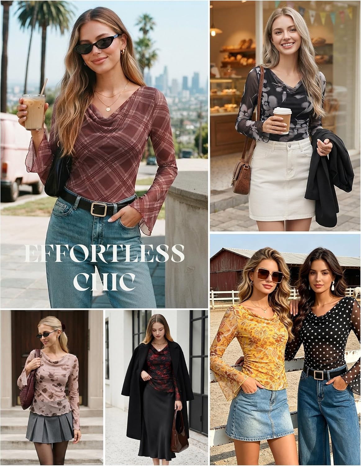 image:imageGRACE KARIN Women Boho Mesh Blouses Dressy Casual Cowl Neck Going Out TopsBrown Polka Dot