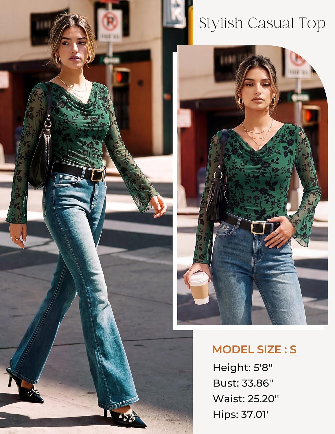 image:imageGRACE KARIN Women Boho Mesh Blouses Dressy Casual Cowl Neck Going Out TopsGreen Floral