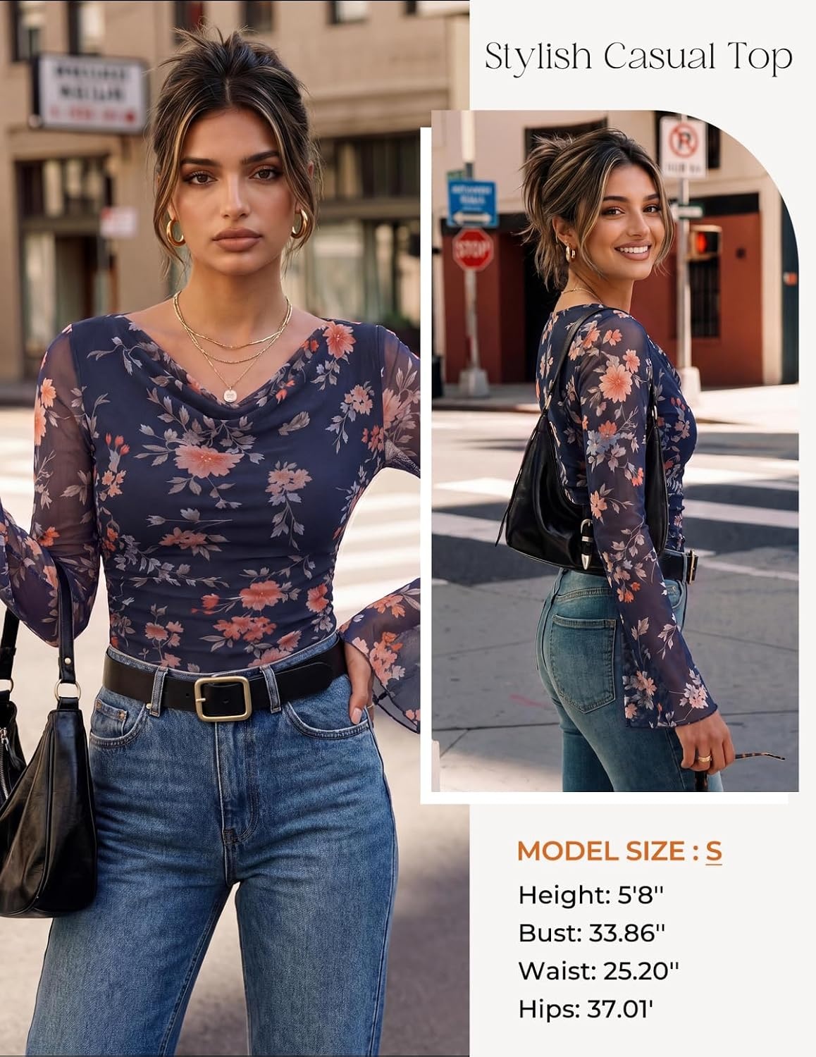 image:imageGRACE KARIN Women Boho Mesh Blouses Dressy Casual Cowl Neck Going Out TopsNavy Blue