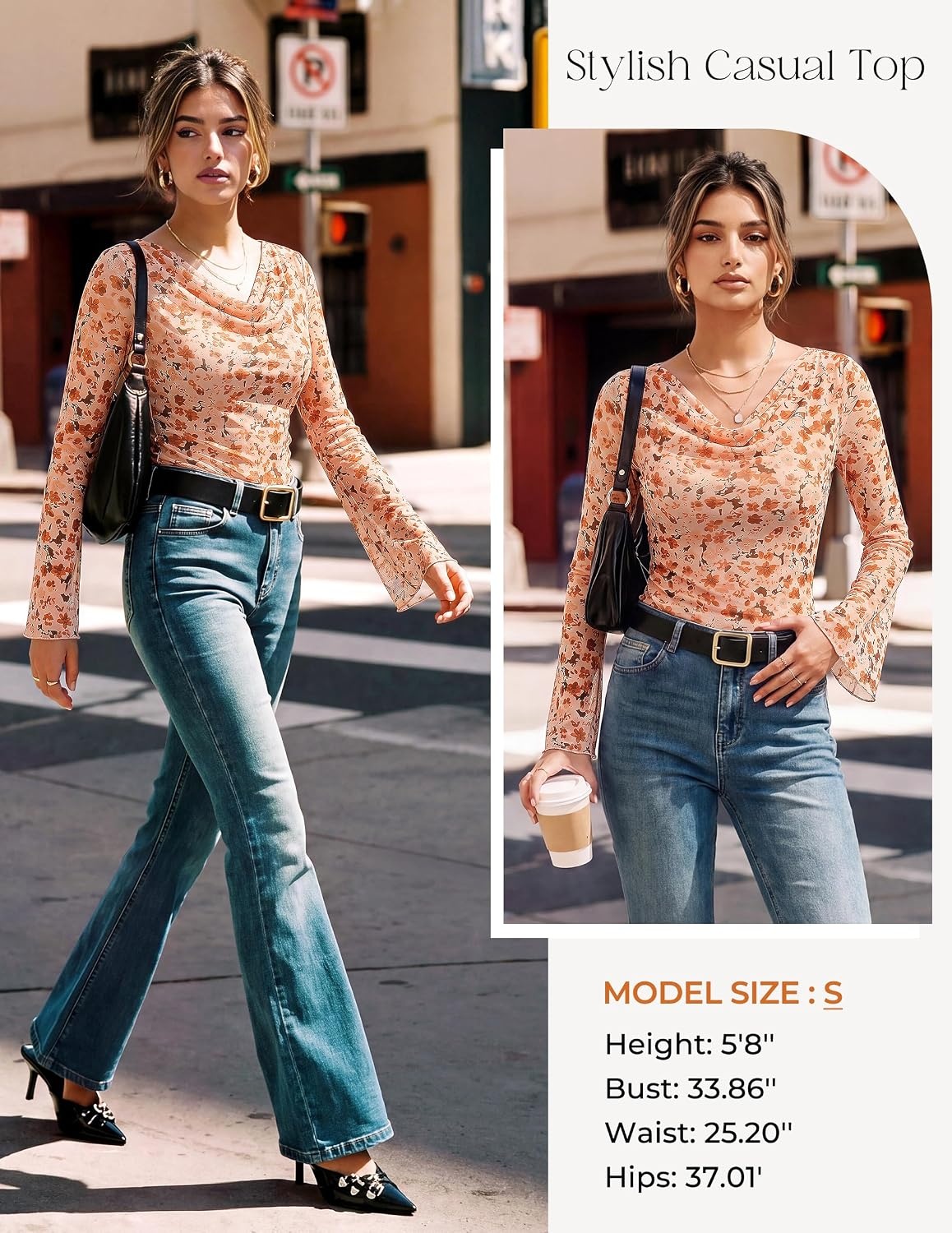 image:imageGRACE KARIN Women Boho Mesh Blouses Dressy Casual Cowl Neck Going Out TopsOrange