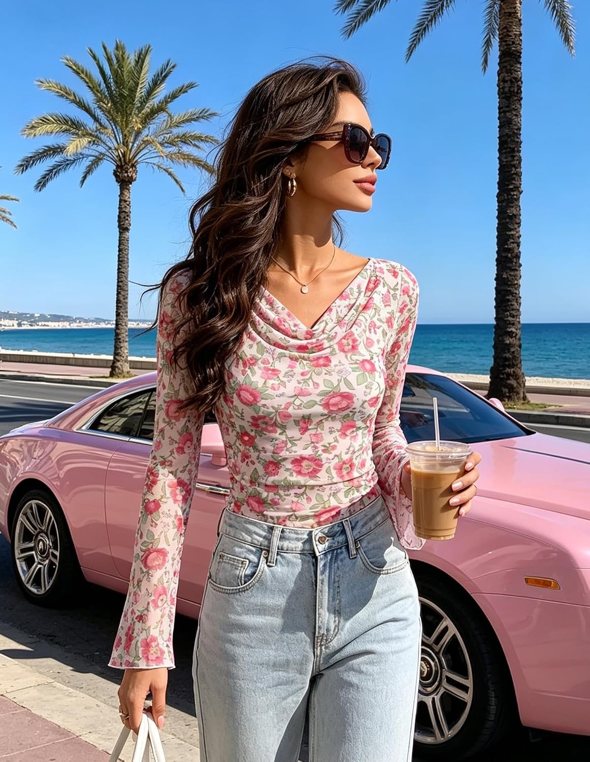 image:imageGRACE KARIN Women Boho Mesh Blouses Dressy Casual Cowl Neck Going Out TopsPink Green