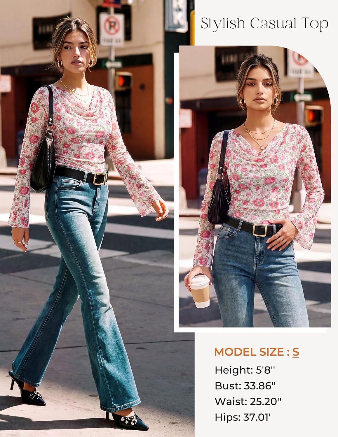 image:imageGRACE KARIN Women Boho Mesh Blouses Dressy Casual Cowl Neck Going Out TopsPink Green