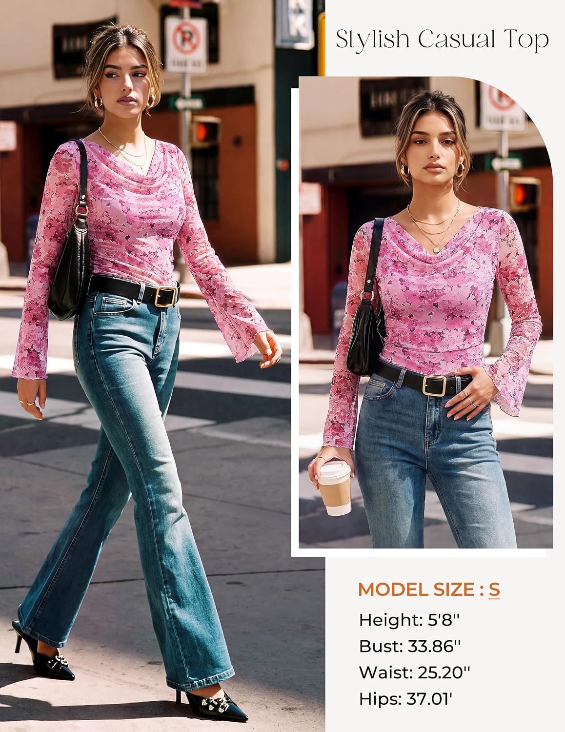 image:imageGRACE KARIN Women Boho Mesh Blouses Dressy Casual Cowl Neck Going Out TopsPink Purple