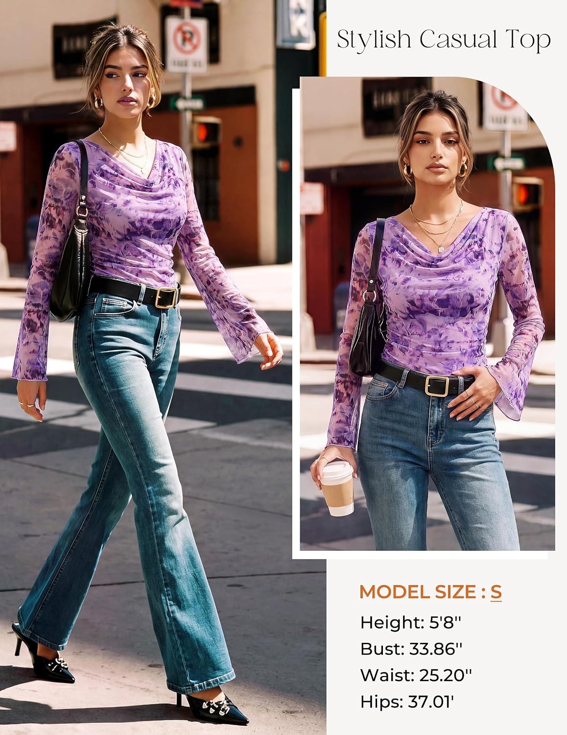 image:imageGRACE KARIN Women Boho Mesh Blouses Dressy Casual Cowl Neck Going Out TopsPurple