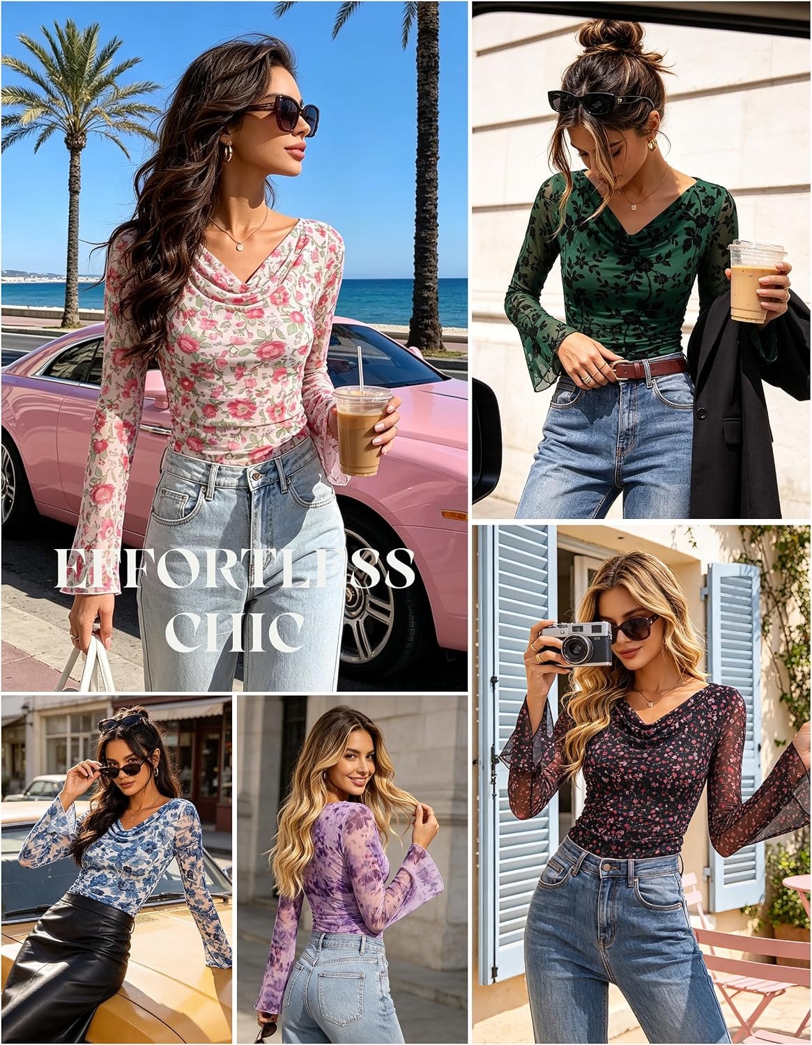 image:imageGRACE KARIN Women Boho Mesh Blouses Dressy Casual Cowl Neck Going Out TopsPurple