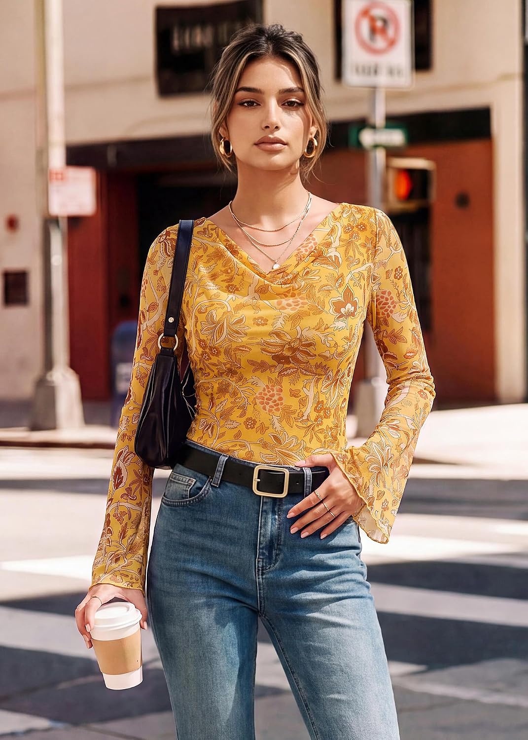 image:imageGRACE KARIN Women Boho Mesh Blouses Dressy Casual Cowl Neck Going Out TopsYellow