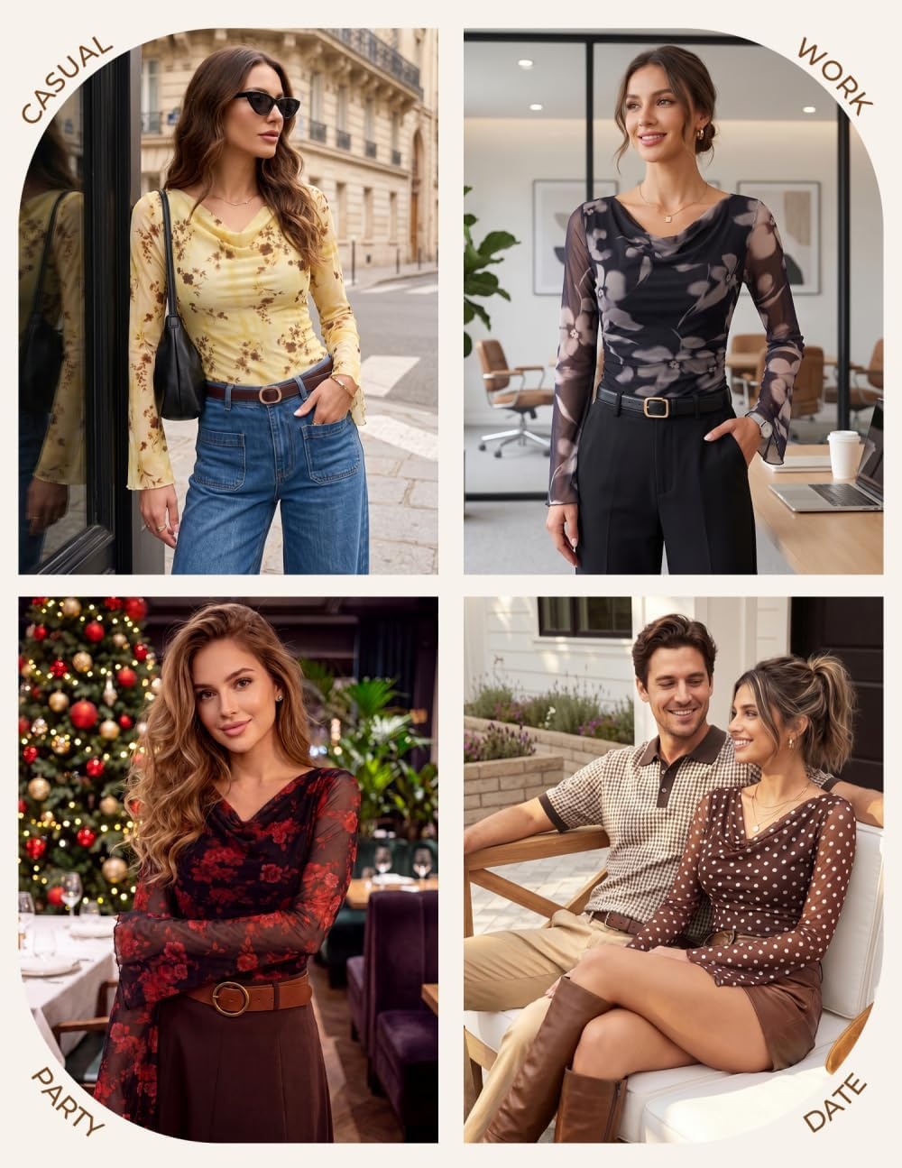 image:imageGRACE KARIN Women Boho Mesh Blouses Dressy Casual Cowl Neck Going Out TopsYellow