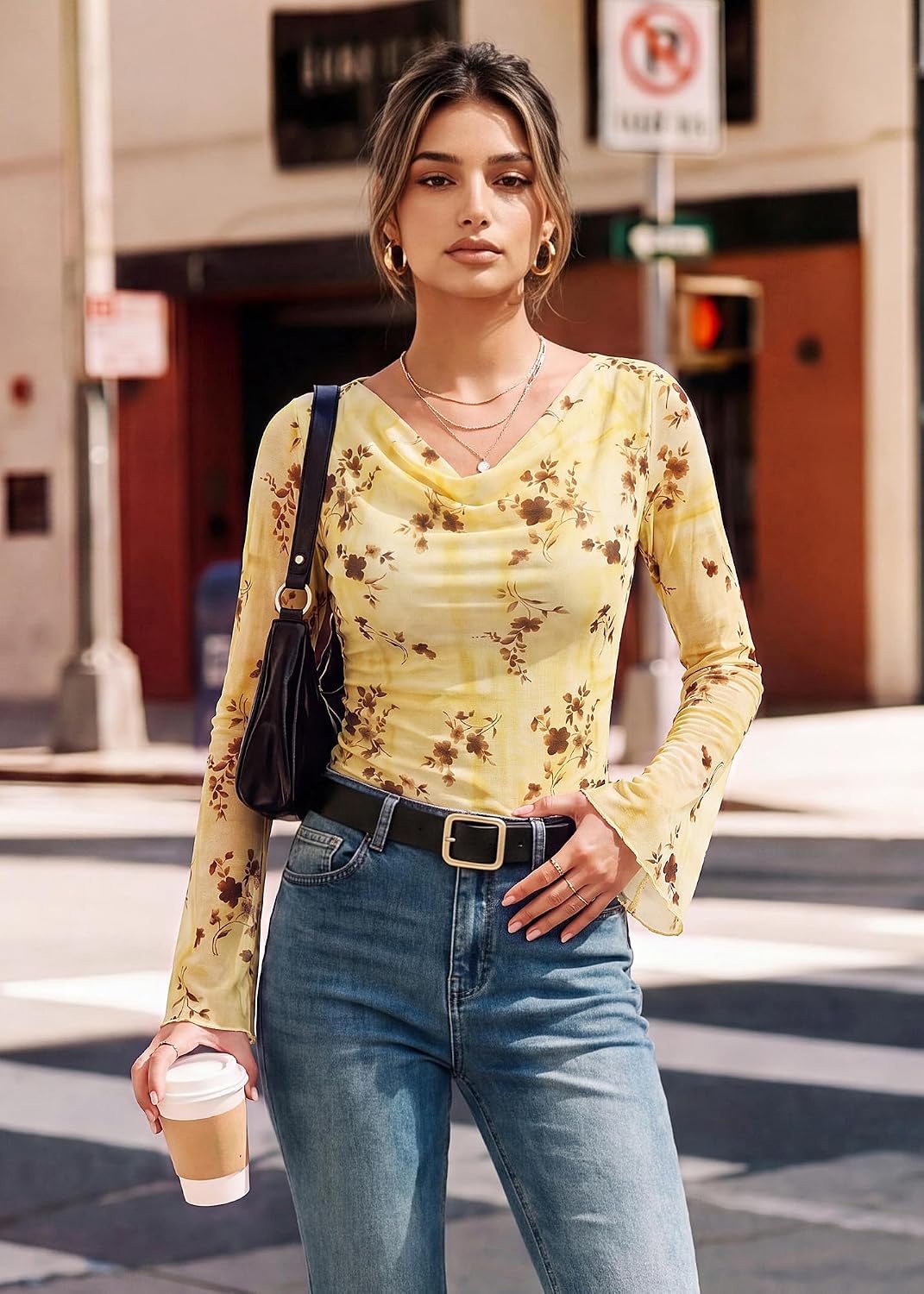 image:imageGRACE KARIN Women Boho Mesh Blouses Dressy Casual Cowl Neck Going Out TopsYellow Brown