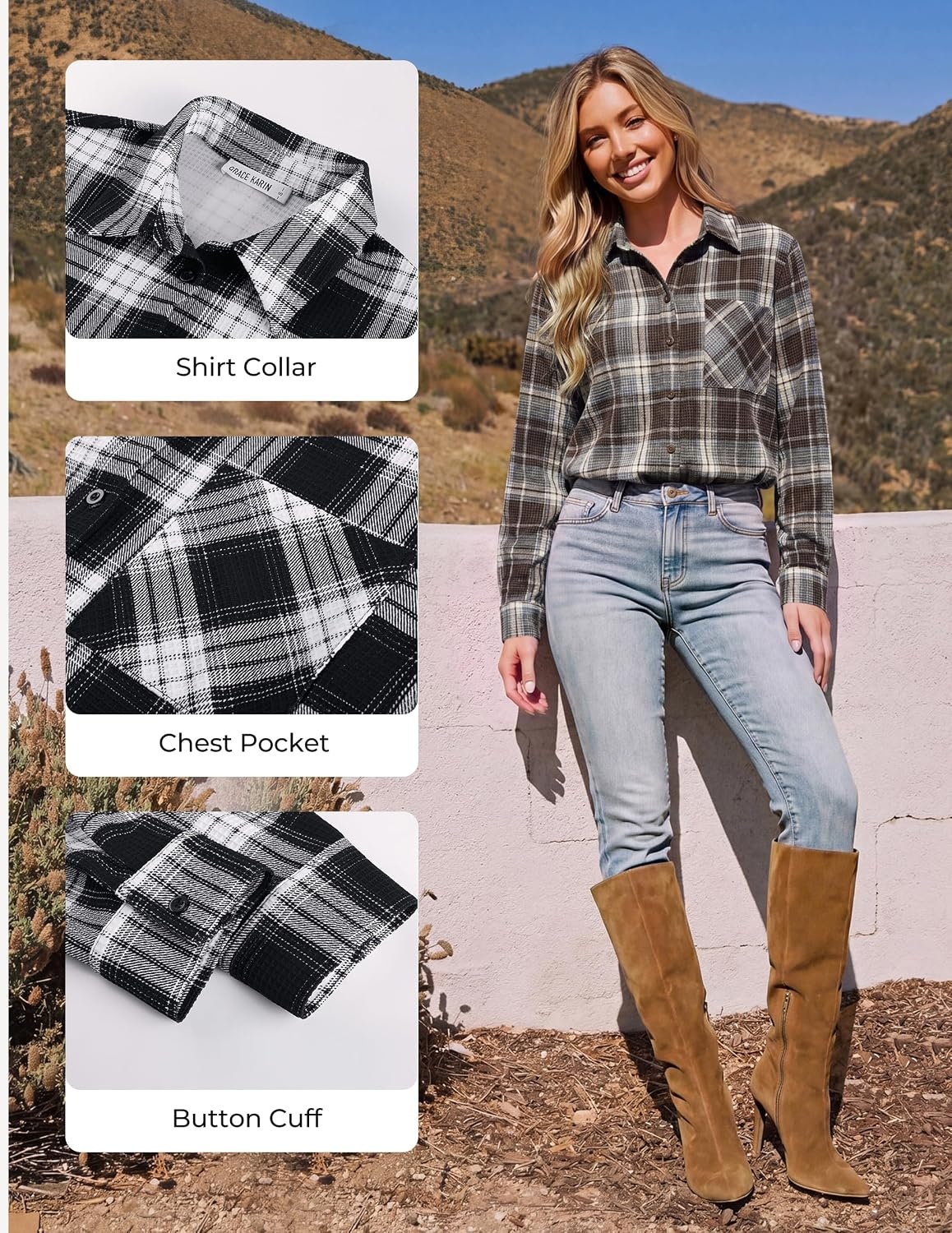image:imageGRACE KARIN Women Waffle Plaid Knitted Button Down ShirtBlack