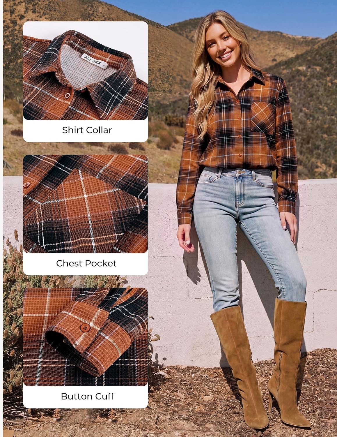 image:imageGRACE KARIN Women Waffle Plaid Knitted Button Down ShirtCoffee