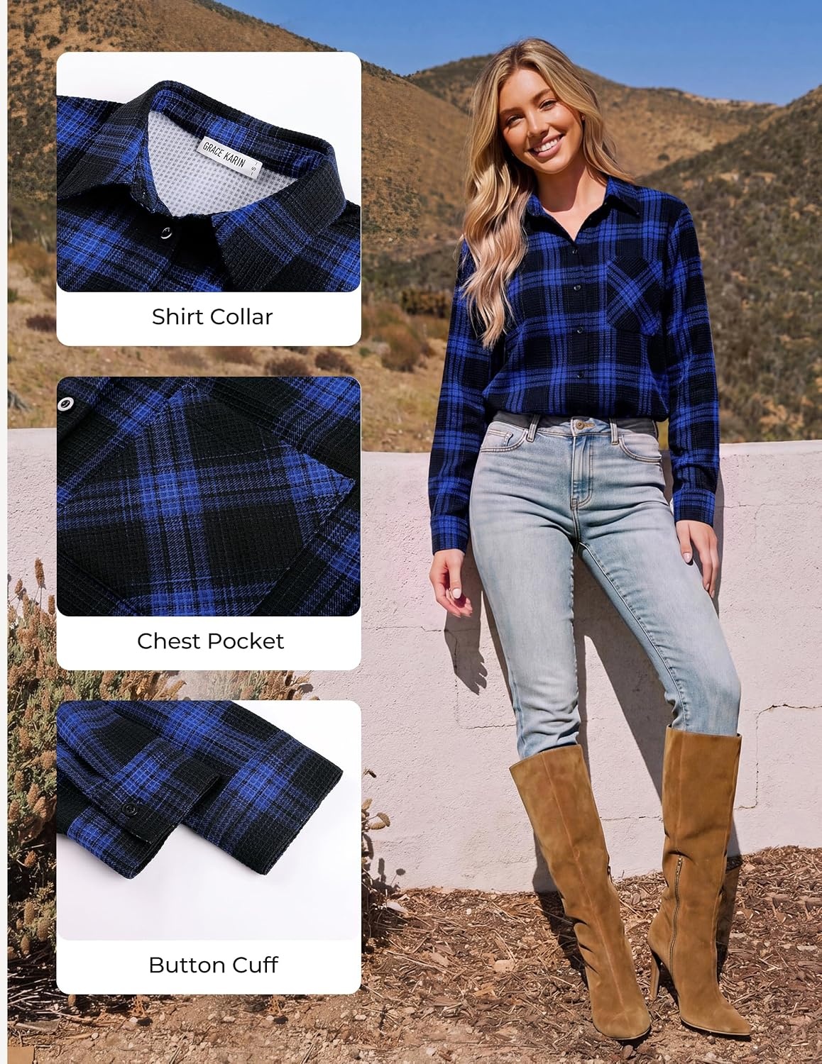 image:imageGRACE KARIN Women Waffle Plaid Knitted Button Down ShirtDark Blue