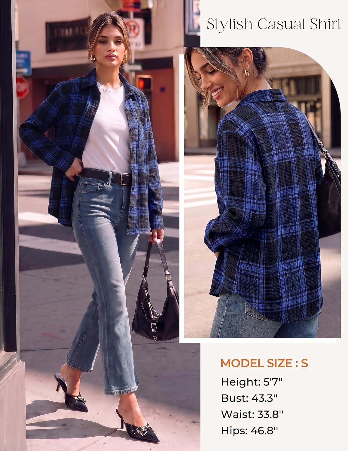 image:imageGRACE KARIN Women Waffle Plaid Knitted Button Down ShirtDark Blue