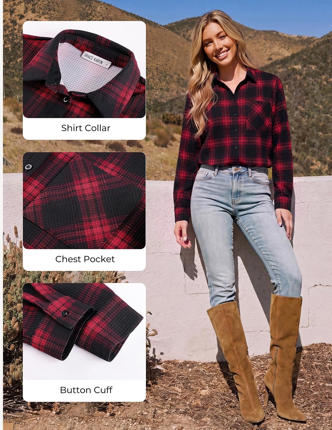 image:imageGRACE KARIN Women Waffle Plaid Knitted Button Down ShirtDark Red