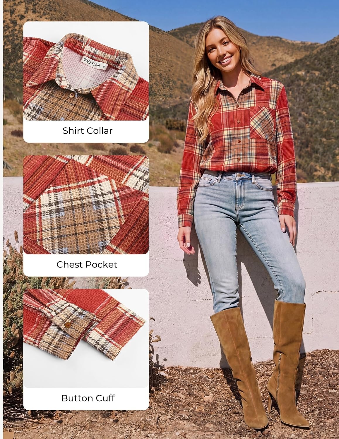 image:imageGRACE KARIN Women Waffle Plaid Knitted Button Down ShirtPumpkin Orange