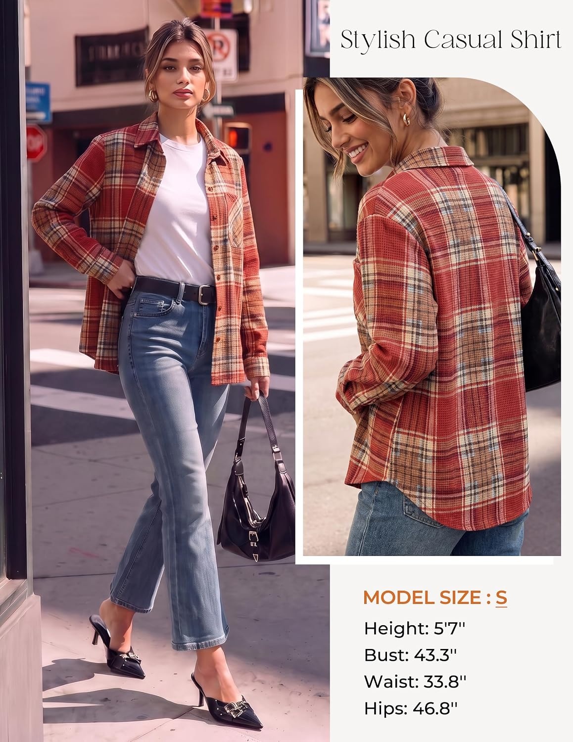 image:imageGRACE KARIN Women Waffle Plaid Knitted Button Down ShirtPumpkin Orange