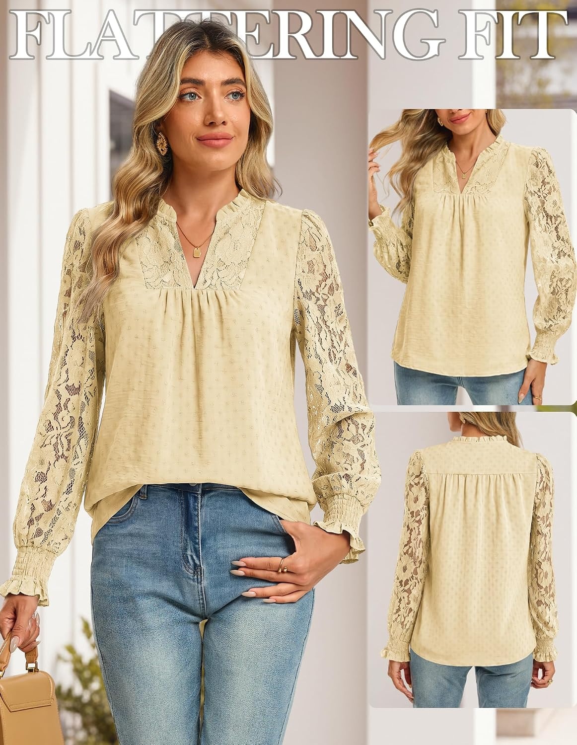 image:imageGRACE KARIN Womens Lace Long Sleeve Tops Fall 2026 Dressy Casual Western Blouses Flowy V Neck Dress Shirts Trendy ClothingBeige