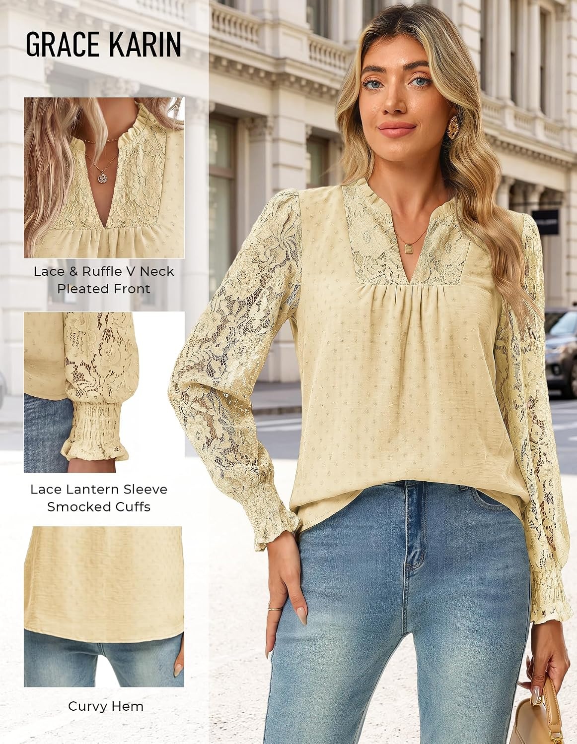 image:imageGRACE KARIN Womens Lace Long Sleeve Tops Fall 2026 Dressy Casual Western Blouses Flowy V Neck Dress Shirts Trendy ClothingBeige