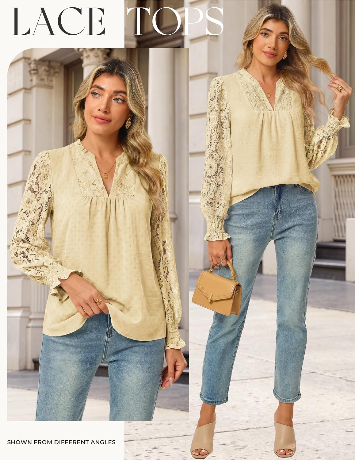 image:imageGRACE KARIN Womens Lace Long Sleeve Tops Fall 2026 Dressy Casual Western Blouses Flowy V Neck Dress Shirts Trendy ClothingBeige