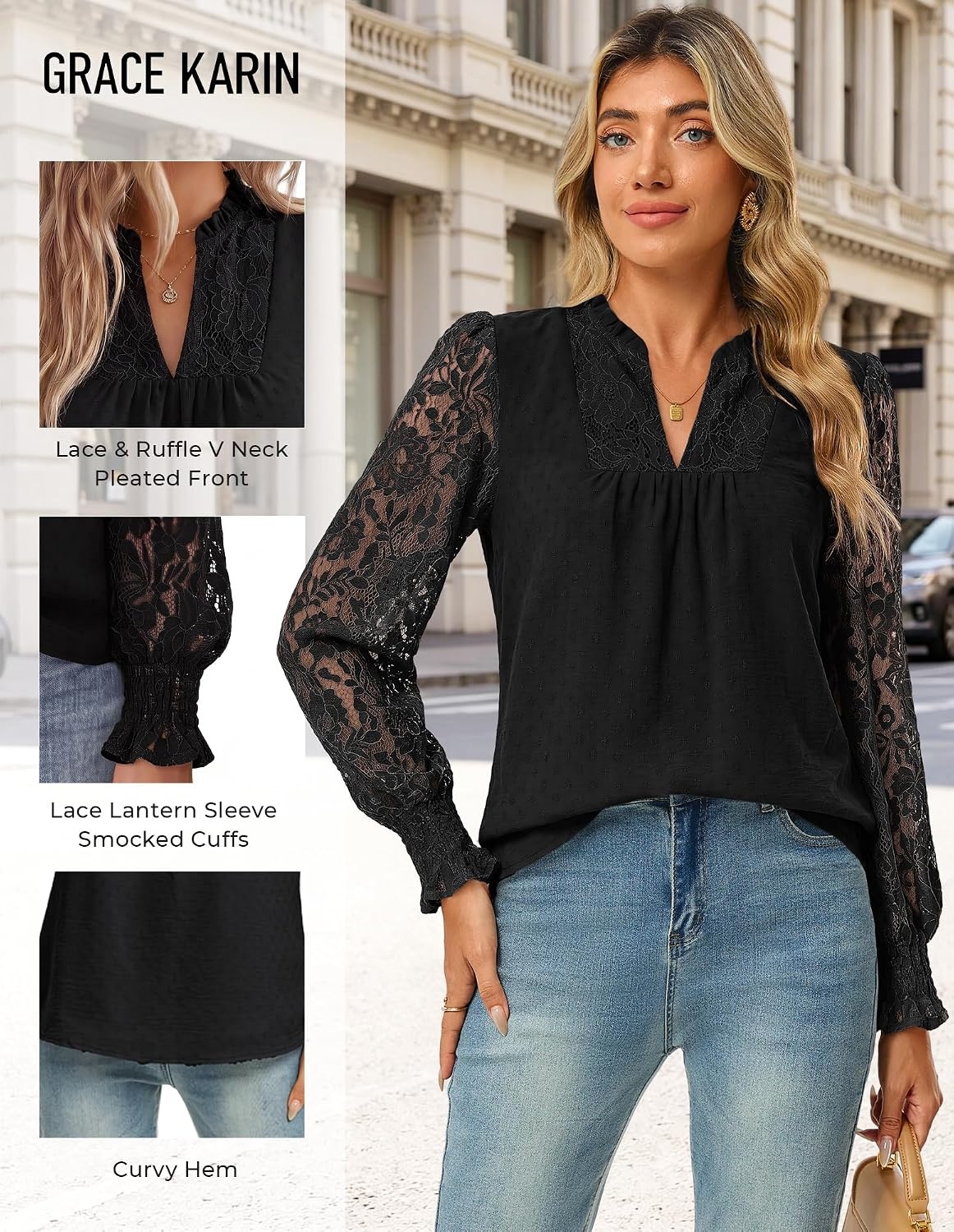 image:imageGRACE KARIN Womens Lace Long Sleeve Tops Fall 2026 Dressy Casual Western Blouses Flowy V Neck Dress Shirts Trendy ClothingBlack