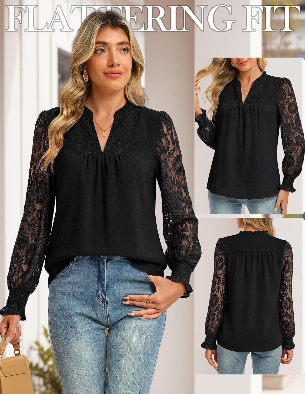 image:imageGRACE KARIN Womens Lace Long Sleeve Tops Fall 2026 Dressy Casual Western Blouses Flowy V Neck Dress Shirts Trendy ClothingBlack