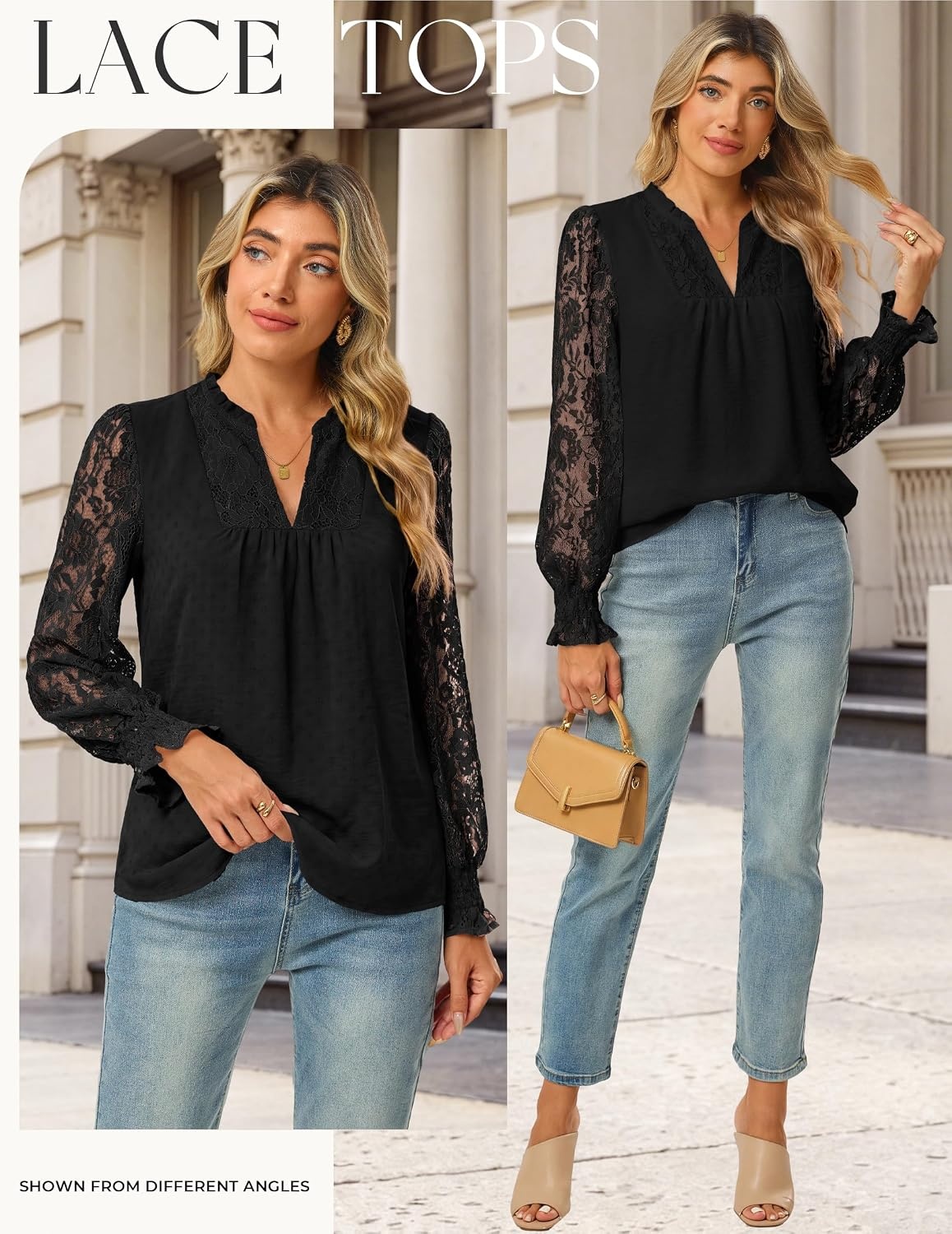 image:imageGRACE KARIN Womens Lace Long Sleeve Tops Fall 2026 Dressy Casual Western Blouses Flowy V Neck Dress Shirts Trendy ClothingBlack