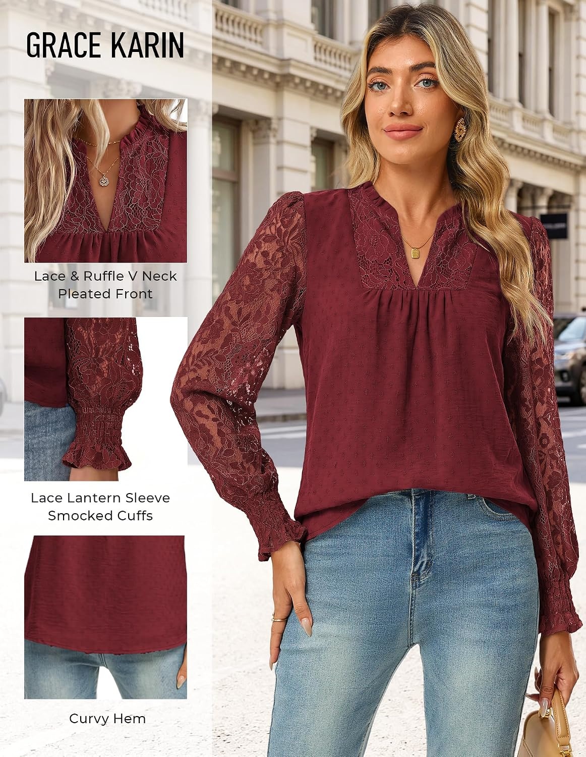 image:imageGRACE KARIN Womens Lace Long Sleeve Tops Fall 2026 Dressy Casual Western Blouses Flowy V Neck Dress Shirts Trendy ClothingBurgundy