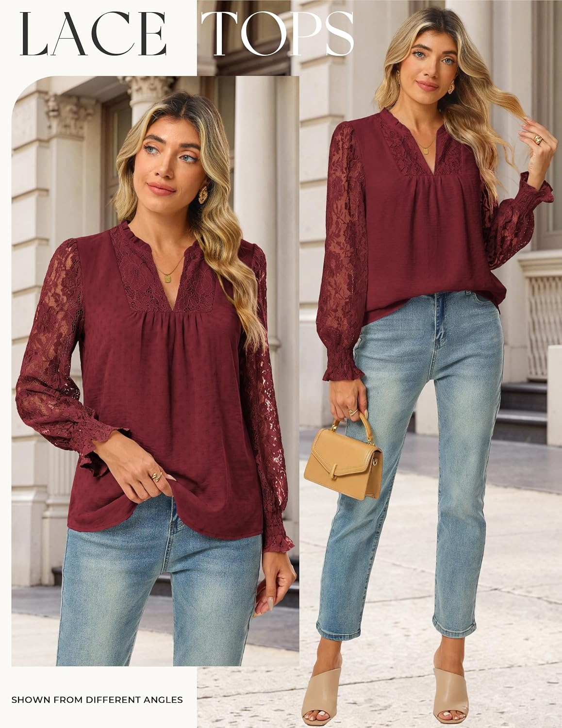 image:imageGRACE KARIN Womens Lace Long Sleeve Tops Fall 2026 Dressy Casual Western Blouses Flowy V Neck Dress Shirts Trendy ClothingBurgundy