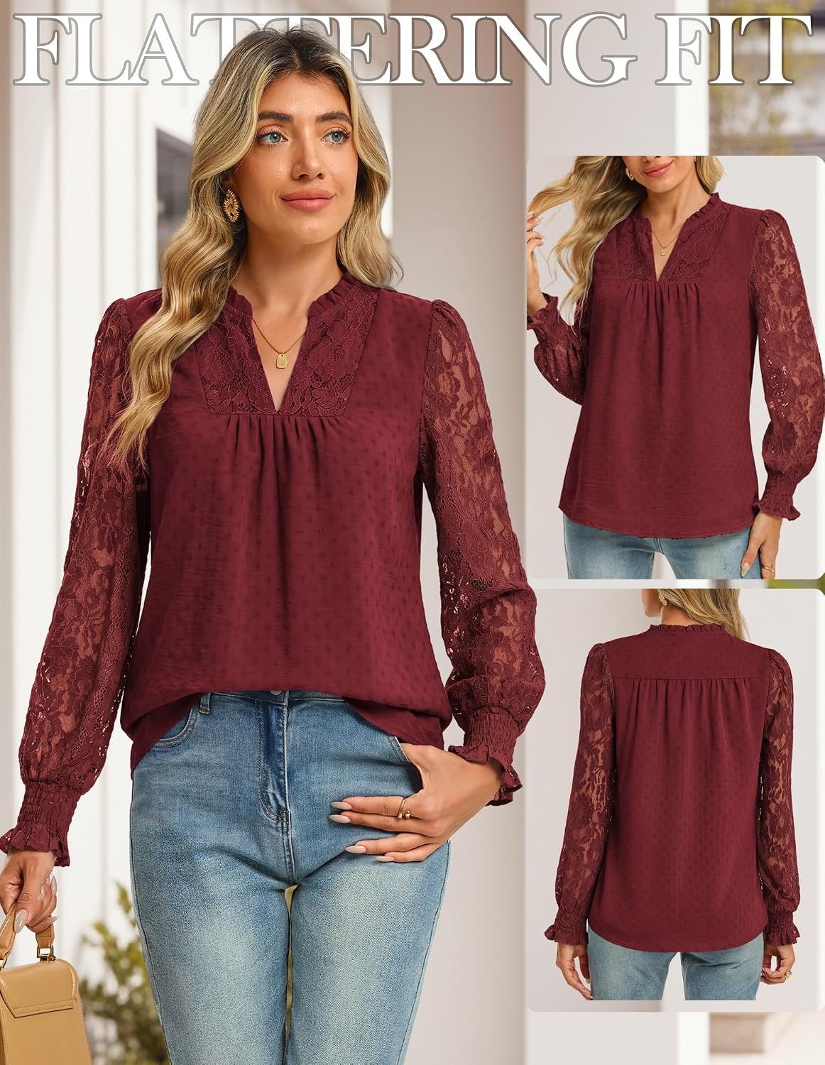 image:imageGRACE KARIN Womens Lace Long Sleeve Tops Fall 2026 Dressy Casual Western Blouses Flowy V Neck Dress Shirts Trendy ClothingBurgundy