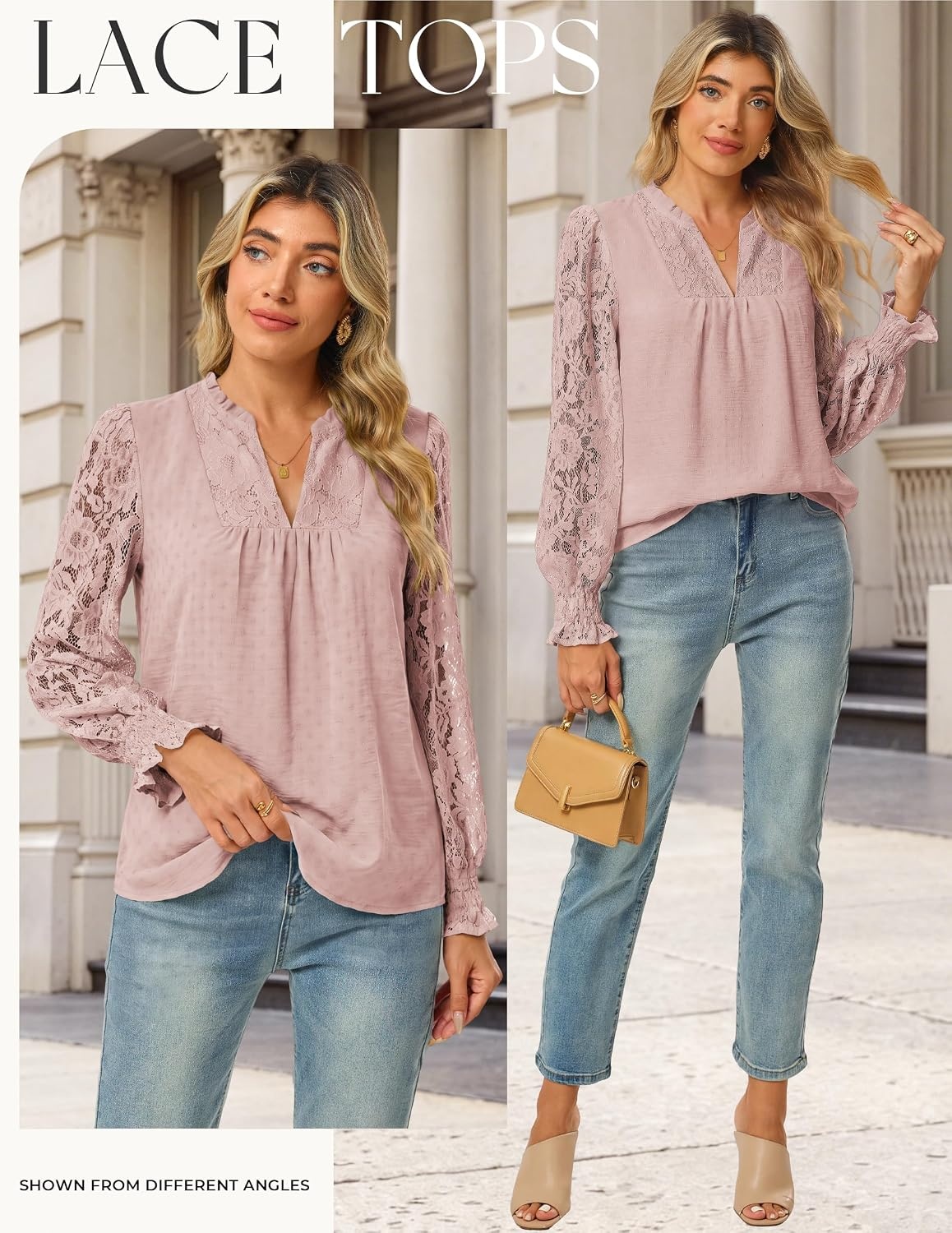 image:imageGRACE KARIN Womens Lace Long Sleeve Tops Fall 2026 Dressy Casual Western Blouses Flowy V Neck Dress Shirts Trendy ClothingDusty Pink