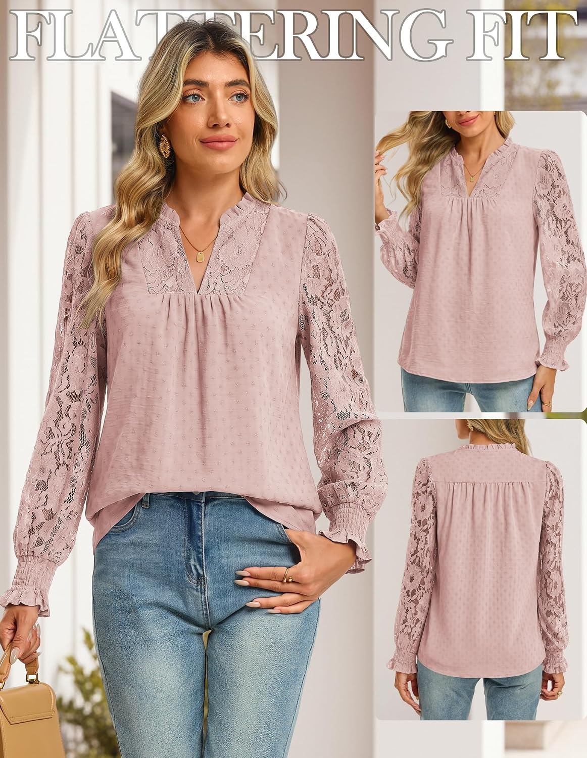 image:imageGRACE KARIN Womens Lace Long Sleeve Tops Fall 2026 Dressy Casual Western Blouses Flowy V Neck Dress Shirts Trendy ClothingDusty Pink