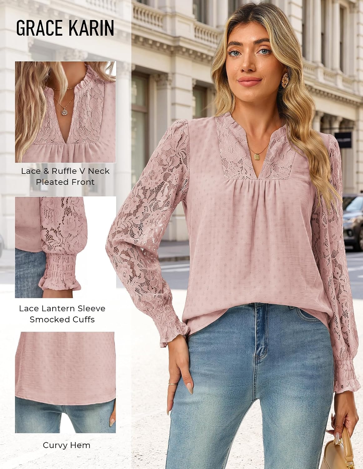 image:imageGRACE KARIN Womens Lace Long Sleeve Tops Fall 2026 Dressy Casual Western Blouses Flowy V Neck Dress Shirts Trendy ClothingDusty Pink