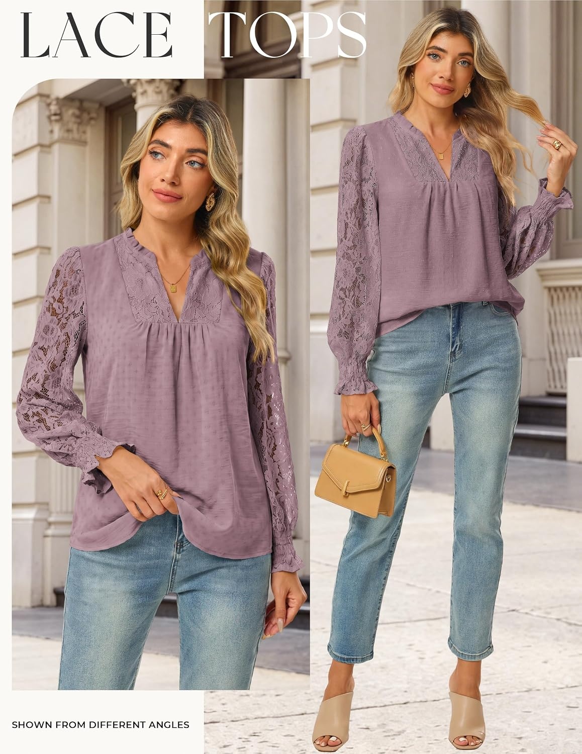 image:imageGRACE KARIN Womens Lace Long Sleeve Tops Fall 2026 Dressy Casual Western Blouses Flowy V Neck Dress Shirts Trendy ClothingDusty Purple