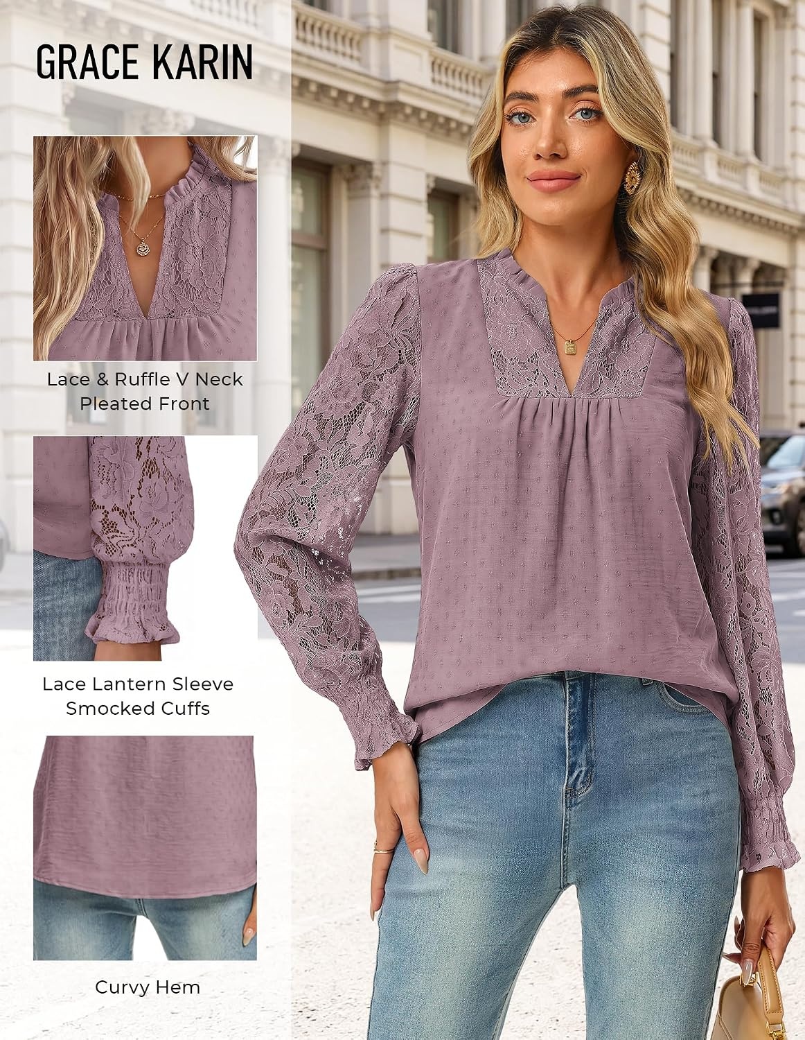 image:imageGRACE KARIN Womens Lace Long Sleeve Tops Fall 2026 Dressy Casual Western Blouses Flowy V Neck Dress Shirts Trendy ClothingDusty Purple