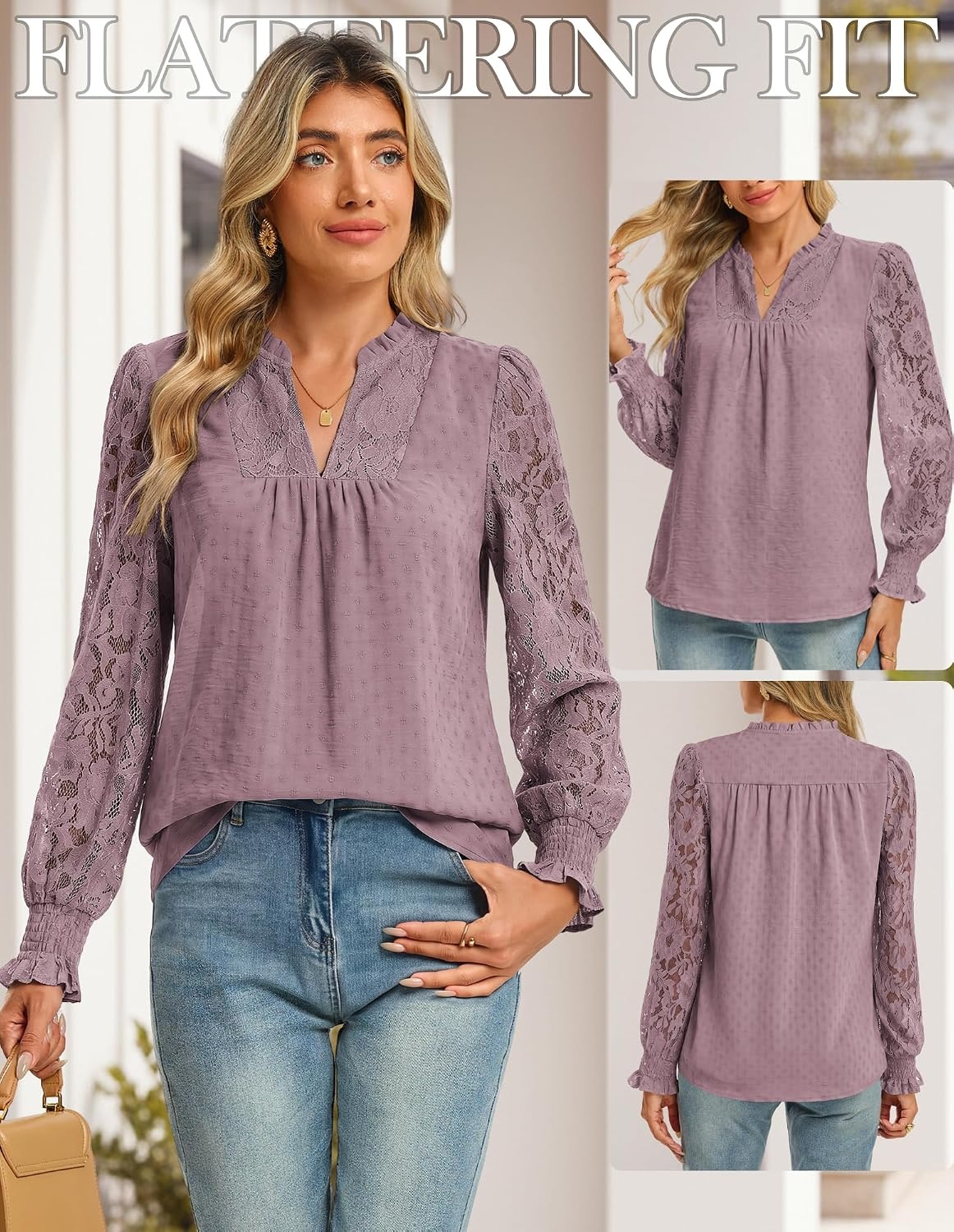 image:imageGRACE KARIN Womens Lace Long Sleeve Tops Fall 2026 Dressy Casual Western Blouses Flowy V Neck Dress Shirts Trendy ClothingDusty Purple