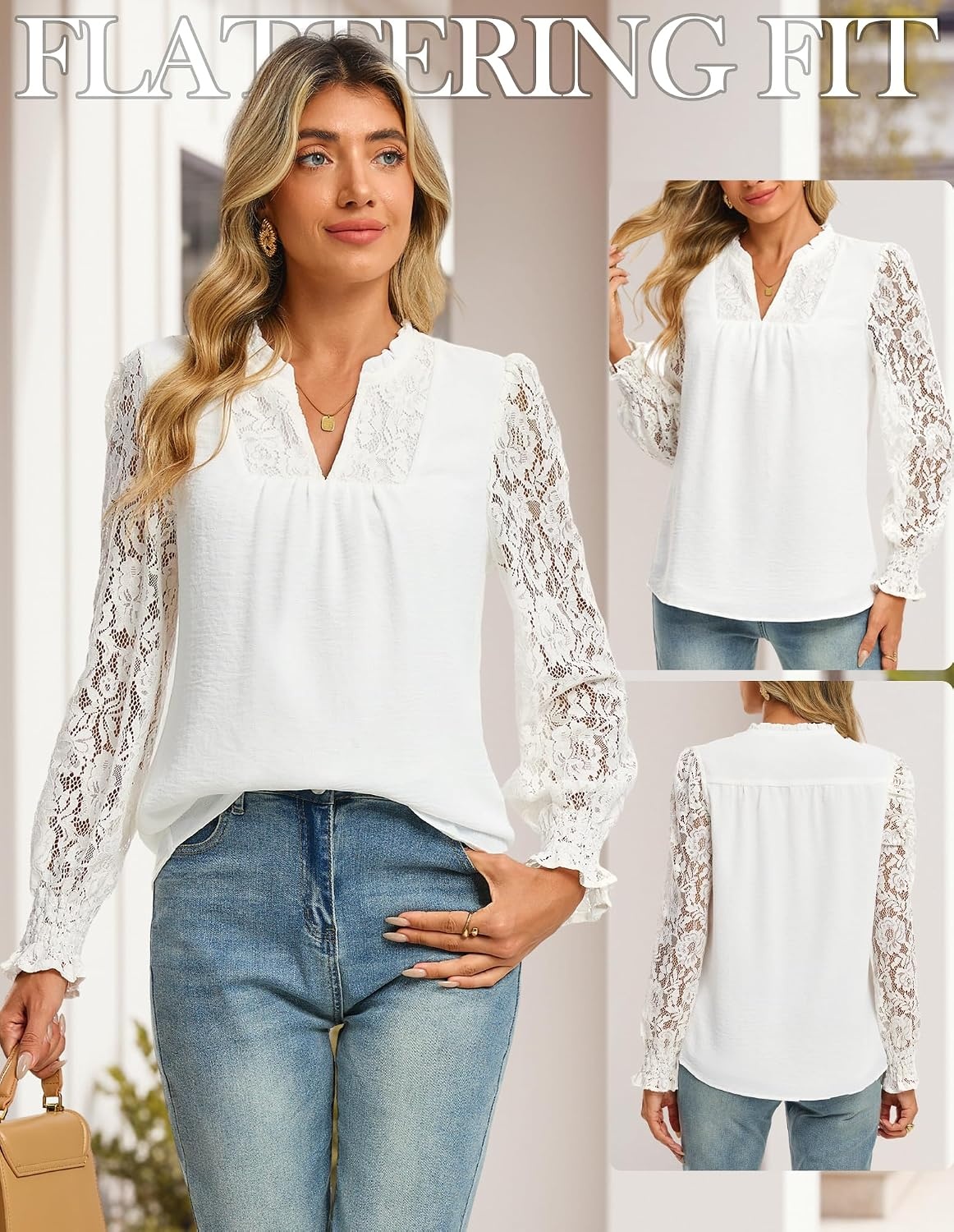 image:imageGRACE KARIN Womens Lace Long Sleeve Tops Fall 2026 Dressy Casual Western Blouses Flowy V Neck Dress Shirts Trendy ClothingWhite